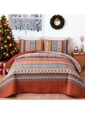 Boho Queen Size Quilt Set - 3 Piece Bedspread in Burnt Orange, Cozy Bedding